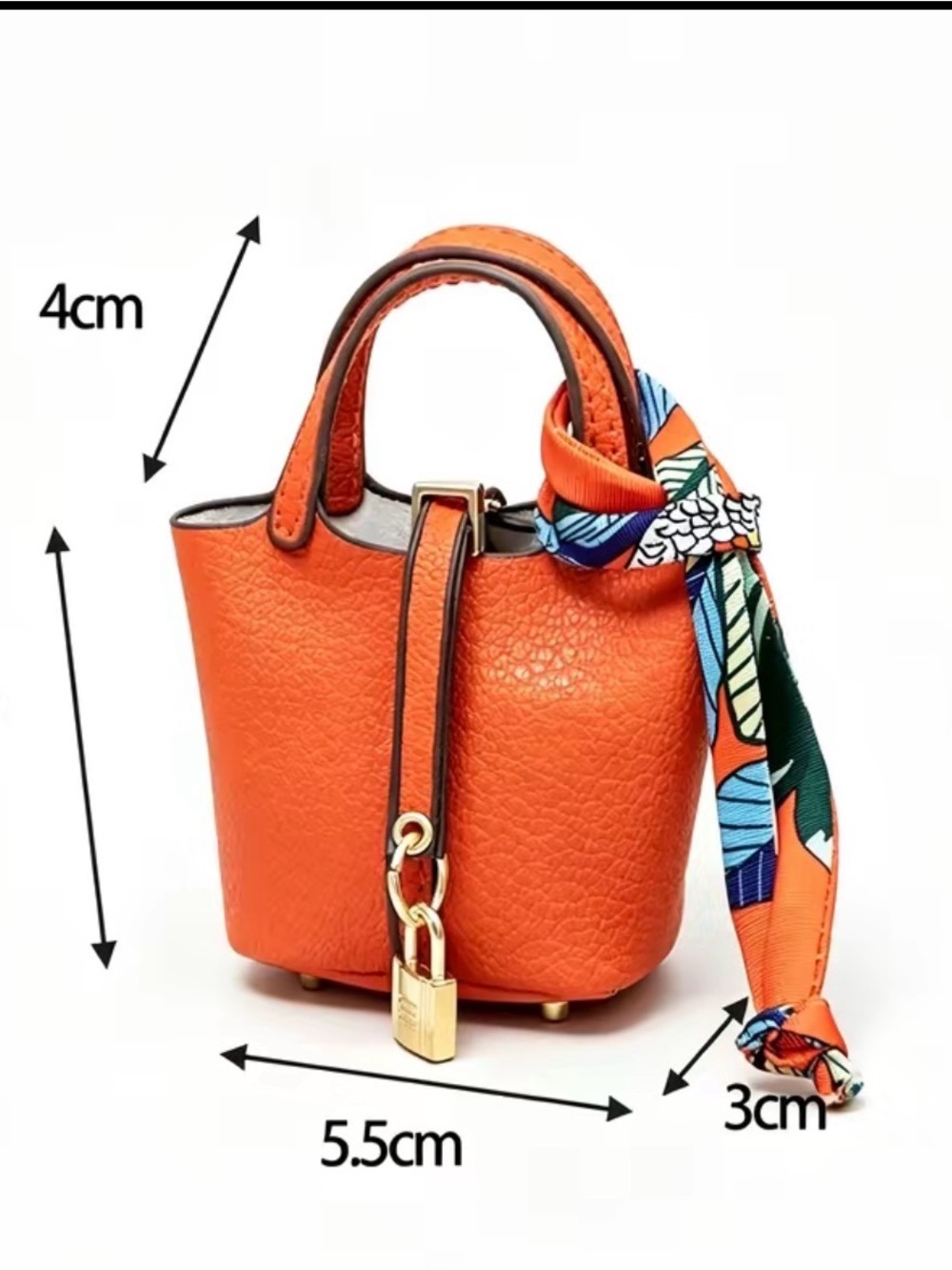 Mini Orange Leather-Texture Bucket Bag with Scarf Accent